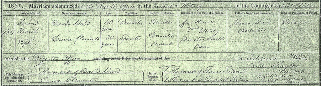 David Ward Jane Clements marriage 2 Mar 1875 Witney Oxfordshire thumbnail