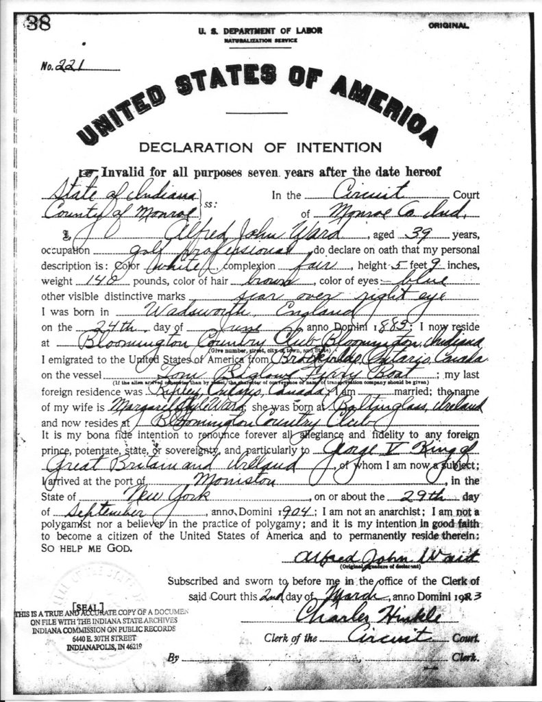 Alfred J Ward Declaration of Intention for Naturalization 1923 Monroe County Indiana