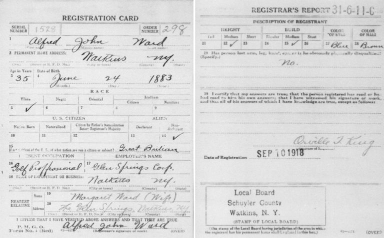 Alfred John Ward WWI Draft Card Watkins NY