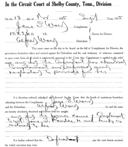 Jane S Ward vs Alfred Ward divorce Shelby County Circuit Court TN 13 Nov 1915