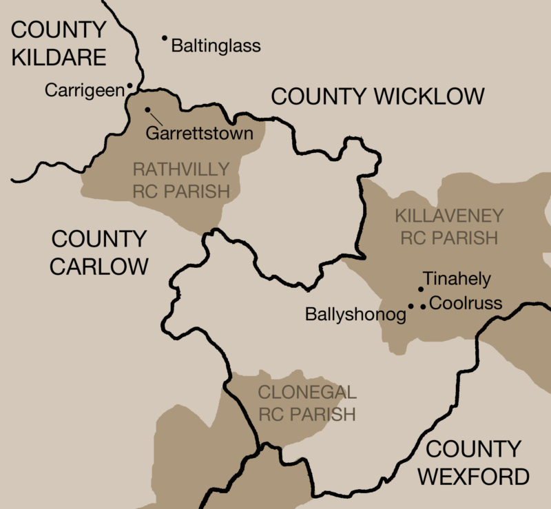 Edward Styles family locations, Counties Wicklow, Wexford, Carlow and Kildare, 1820s-1880s, Map of Styles locations near Baltinglass, 1830s-1840s, © E R Lopresti 2016