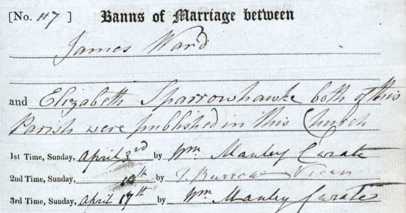 James Ward and Elizabeth Sparrowhawk, Marriage Banns, April 1830 Bampton, Oxfordshire
