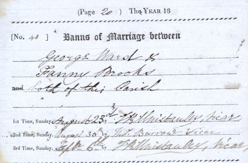 George Ward and Fanny Brooks, Banns of Marriage, 23 Aug, 30 Aug, 6 Sep 1835, Shifford, Oxfordshire