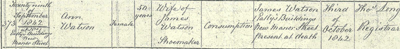 Ann Watson, age 50, wife of James Watson shoemaker, death certificate 29 Sep 1842, 1 Eatley's Buildings, Chelsea, Middlesex