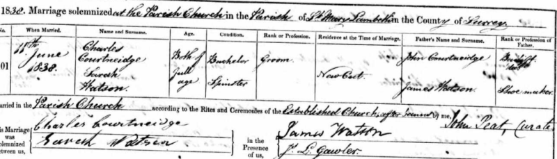 Charles Courtneidge and Sarah Watson, marriage 11 Jun 1838, St. Mary's, Lambeth, Surrey