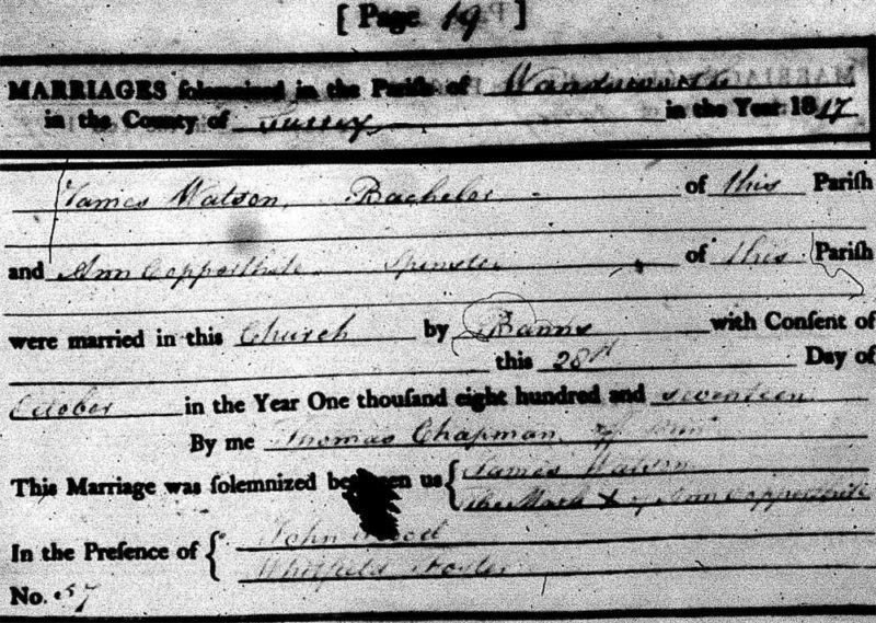 James Watson & Ann Copperthite marriage, 1817, Wandsworth