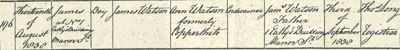 James Watson, birth certificate, 13 Aug 1838, Chelsea St. Luke
