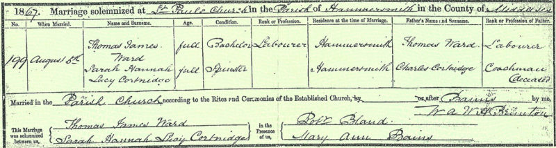 Thomas James Ward and Sarah Hannah Lucy Courtneidge marriage, 5 Aug 1867, Hammersmith