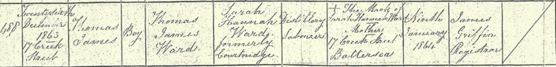 Thomas James Ward birth certificate, 26 Dec 1863, Creek St, Battersea