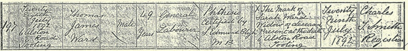 Thomas James Ward, death Certificate, 28 Jul 1892, 6 Alston Road, Tooting