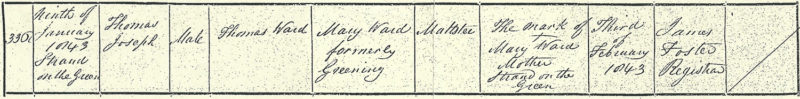 Thomas Joseph Ward, birth certificate, 9 Jan 1843, Strand-on-the-Green, Chiswick